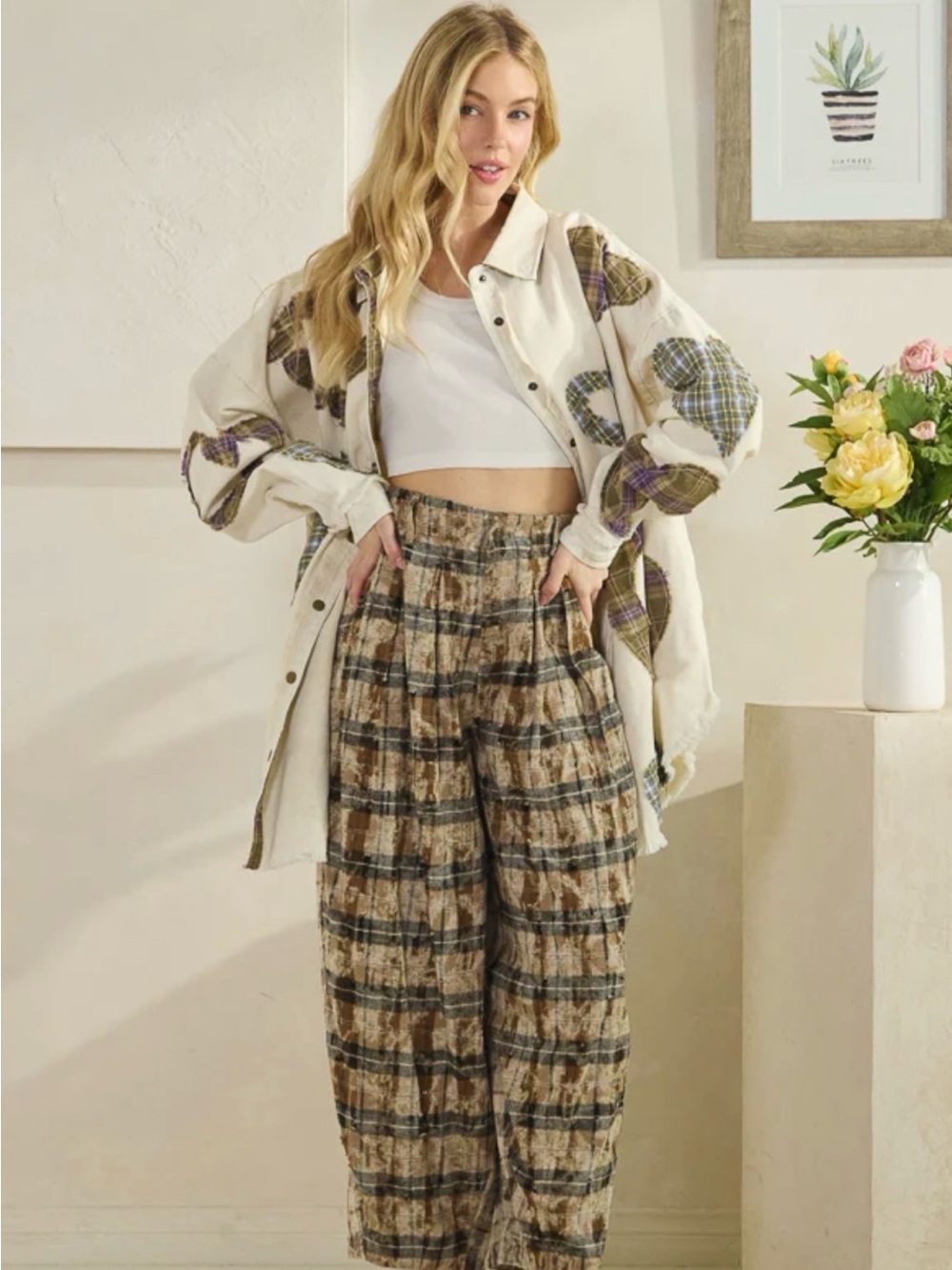 Oli & Hali WASHED PLAID WID LEG PANTS Size L